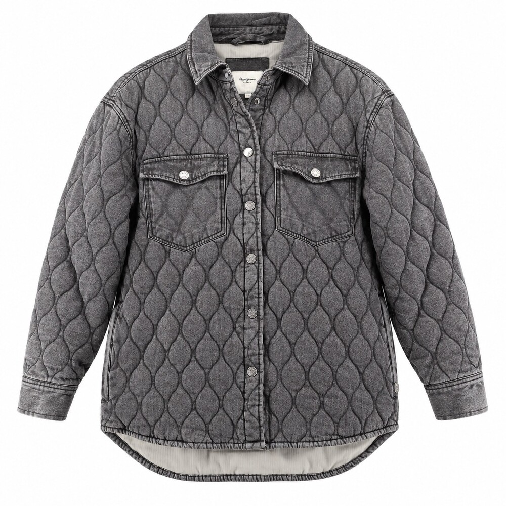 Pepe Jeans London Quilted Denim Shirt Jacket Shacket Womens M Washed Black Gray